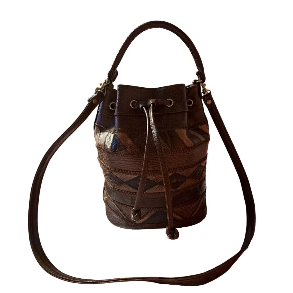 Accessory Works Vintage Brown Patchwork Bucket Bag Drawstring Crossbody Rare